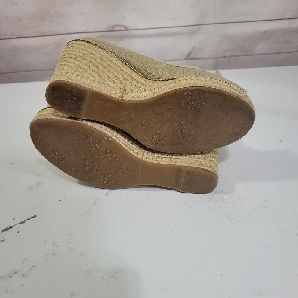 Tory Burch Jackie Espadrille Wedges Womens 8.5 B Beige Peep Toe Slip On Canvas
